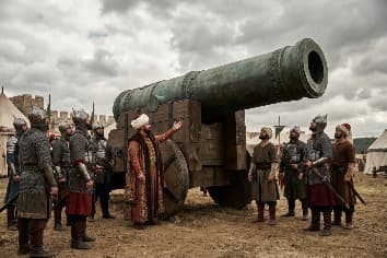 Sultan Mehmed II inspecting Basilica cannon with soldiers